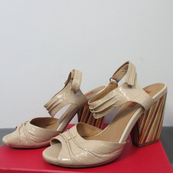 Miz Mooz Marnie High Heels Sandals Leather Strap 7 Beige Block y2k Stripe 520 - Picture 1 of 15